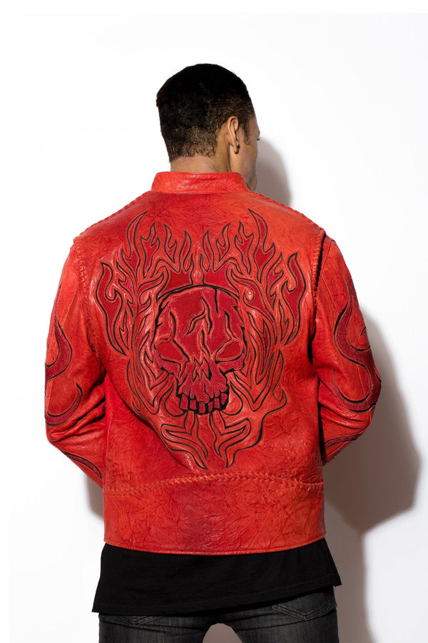Men's Skull Terminator Stingray with Red Washed Lambskin Racer Zip Front Jacket