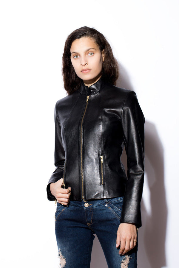 Women's Stand Up Collar Jacket (Black with Gold Zippers)